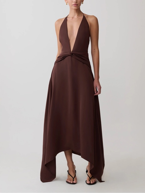 Meshki Dresses & Skirts - Meshki Cyra Plunge Halter Satin Midi Dress Dark Chocolate Size XS NWT